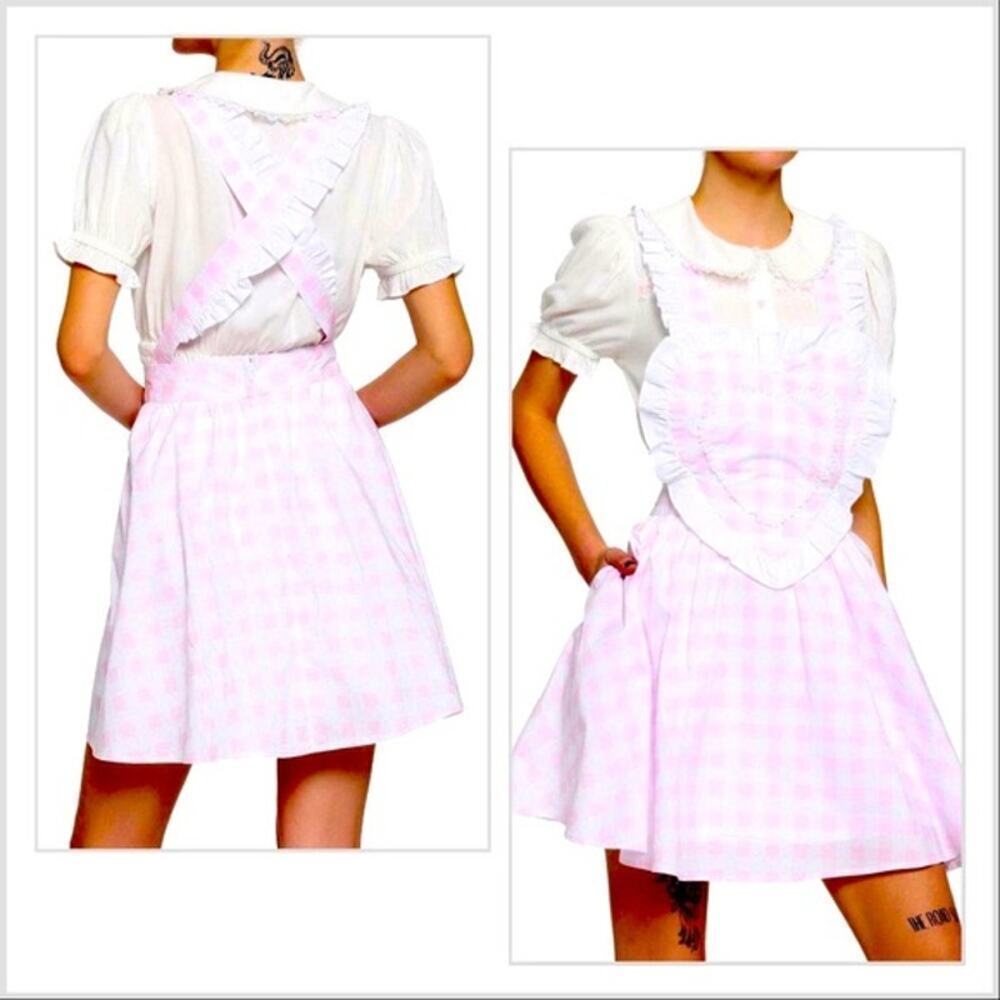 Hot Topic Pink White Plaid Heart Skirtall Y2K Coquette Kawaii Overall Medium